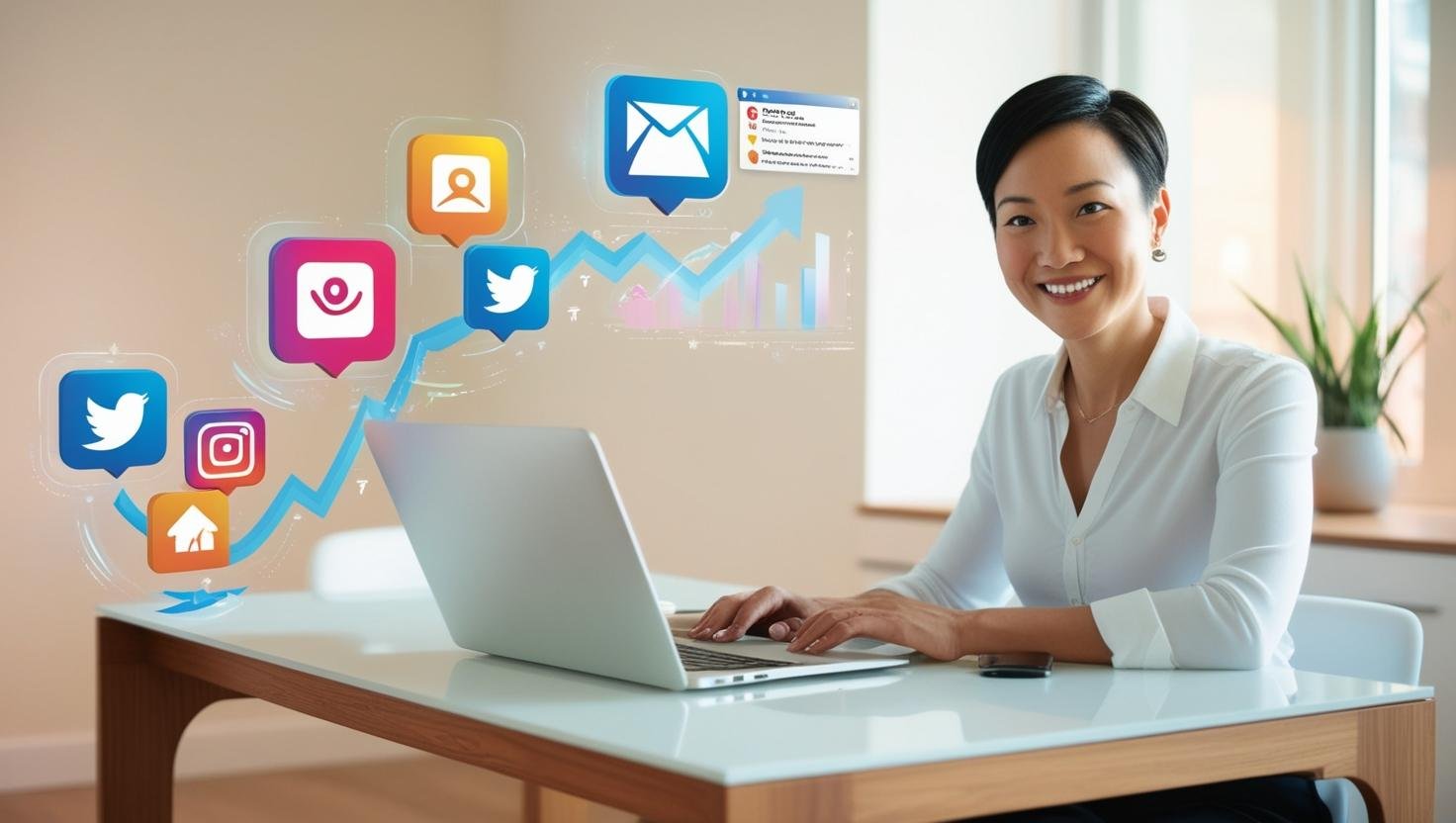 A small business owner sitting at a desk, working on a laptop with social media icons, graphs, and email notifications floating around them